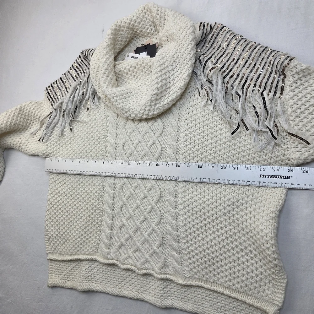 NWT Twinset‎ Milano Fringe Knit Sweater M Ivory Chunky Cable Knit Cowl Neck